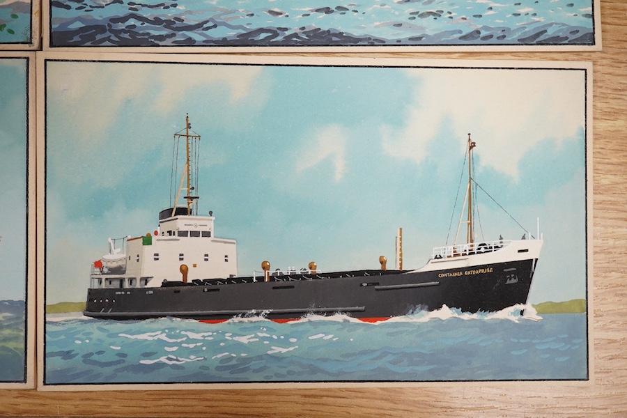 Harry Hudson Rodmell (1896-1984), six original gouaches on card for postcard designs, Merchant Shipping scenes to include MV Container Enterprise, MT Boston Arrow and MV Caxton, one signed, 12 x 20cm, unframed. Condition